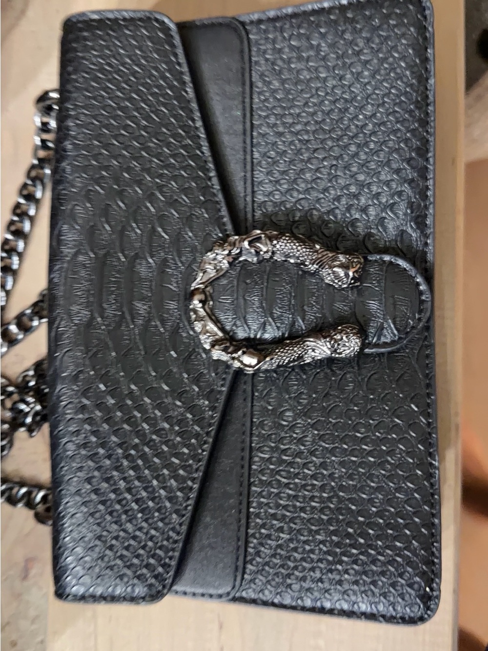 Black Textured Chain Shoulder Bag with Silver Buckle